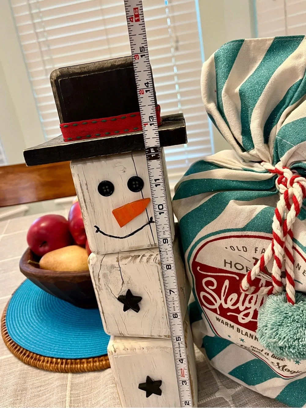 Holiday Gift Bundle-Wooden Custom made Snowman & Teal Stripe Holiday Gift Bag